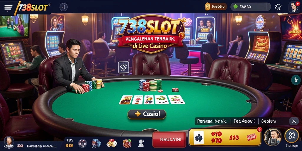 Screenshot utama 738SLOT menampilkan dealer langsung dan permainan kasino yang menarik.