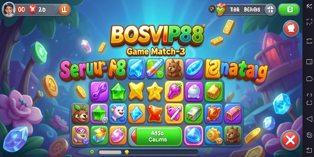 Screenshot utama BOSVIP88 menampilkan gameplay Match-3 yang penuh warna.