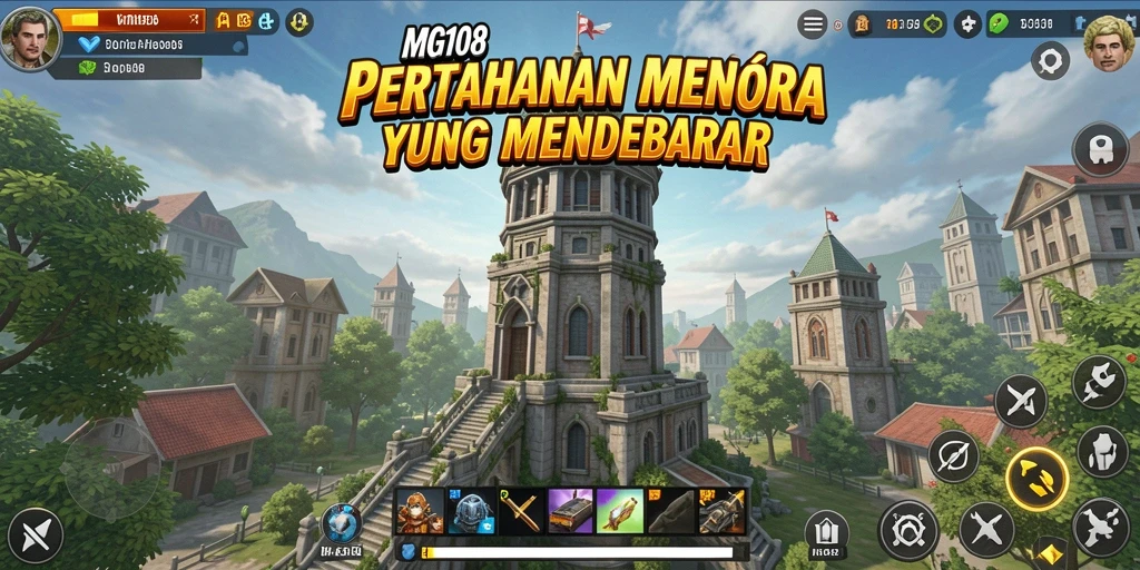Screenshot MG108 menampilkan pertahanan menara dalam aksi dengan musuh yang menyerang.