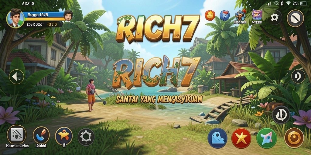 Screenshot gameplay RICH7 menampilkan suasana permainan yang ceria dan penuh warna.