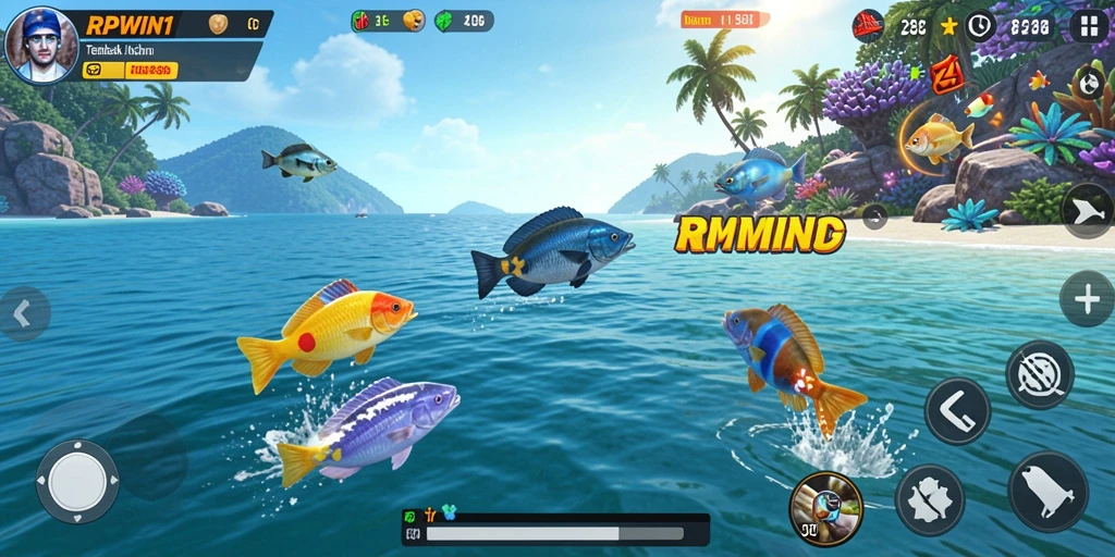 Screenshot gameplay RPWIN1 menampilkan aksi menembak ikan yang seru dan penuh warna.
