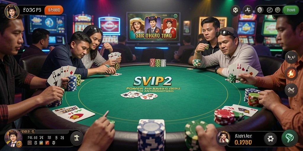 Tampilan gameplay menarik di SVIP2 dengan suasana poker yang mendebarkan.