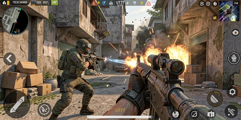 Tampilan menarik dari gameplay UT77 dengan aksi tembak-menembak.